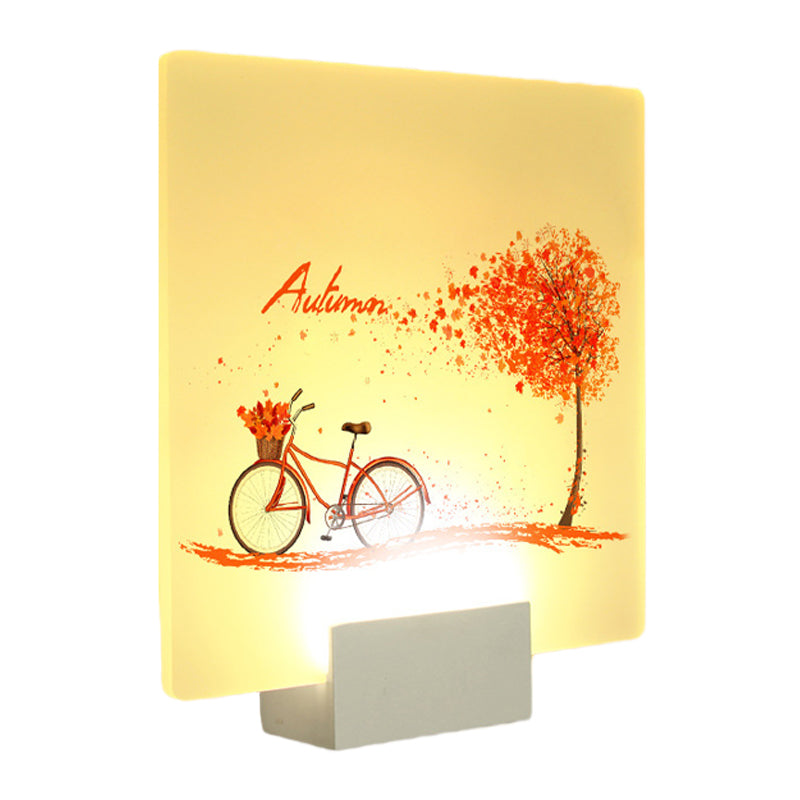 Square Autumn Tree and Bicycle Mural Lamp Chinese Acrylic LED White Wall Mounted Lighting Clearhalo 'Wall Lamps & Sconces' 'Wall Lights' Lighting' 1192579