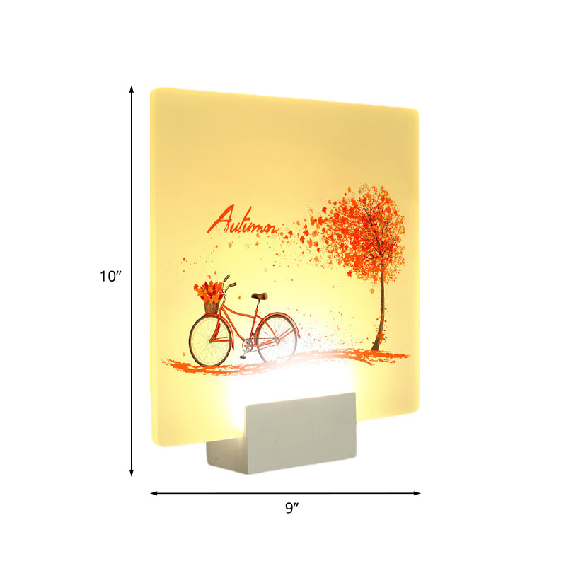 Square Autumn Tree and Bicycle Mural Lamp Chinese Acrylic LED White Wall Mounted Lighting Clearhalo 'Wall Lamps & Sconces' 'Wall Lights' Lighting' 1192580