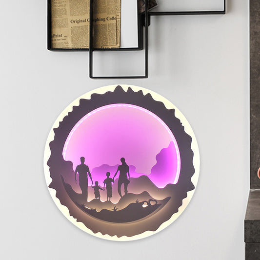 Round Bedroom Wall Mural Light Acrylic LED Chinese Style Wall Mounted Lighting with Loving Family/Surfing Pattern in Purple/Green Clearhalo 'Wall Lamps & Sconces' 'Wall Lights' Lighting' 1192587