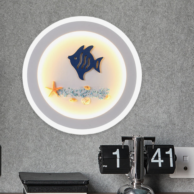 White Round Wall Light Fixture Contemporary Style LED Acrylic Wall Mural Lamp with Fish and Sea Star Pattern Clearhalo 'Wall Lamps & Sconces' 'Wall Lights' Lighting' 1192624