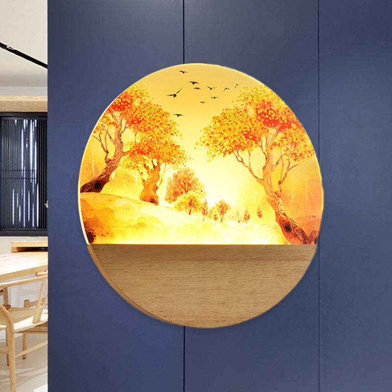 Acrylic Circular Autumn Trees Wall Lighting Nordic Style LED Wood Wall Mural Light for Corridor Wood Clearhalo 'Wall Lamps & Sconces' 'Wall Lights' Lighting' 1192627