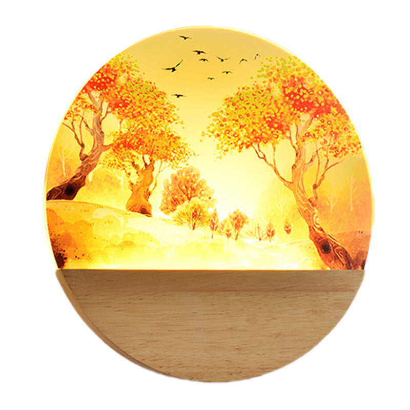 Acrylic Circular Autumn Trees Wall Lighting Nordic Style LED Wood Wall Mural Light for Corridor Clearhalo 'Wall Lamps & Sconces' 'Wall Lights' Lighting' 1192629