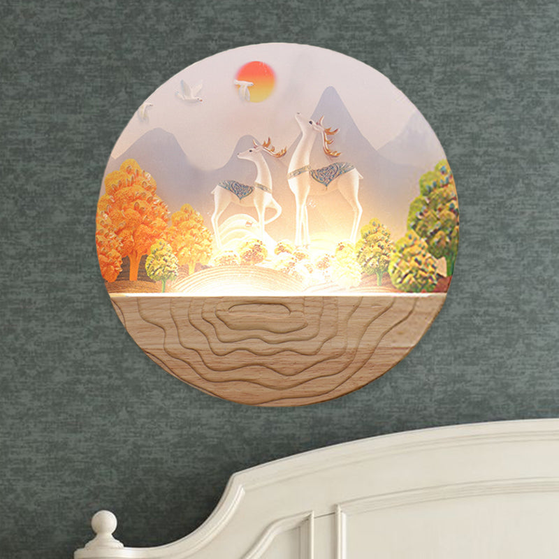 Wood Rounded Elk and Mountain Mural Lamp Minimalist Style LED Acrylic Wall Mount Light Fixture Wood Clearhalo 'Wall Lamps & Sconces' 'Wall Lights' Lighting' 1192631