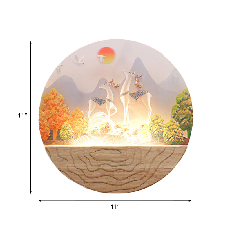 Wood Rounded Elk and Mountain Mural Lamp Minimalist Style LED Acrylic Wall Mount Light Fixture Clearhalo 'Wall Lamps & Sconces' 'Wall Lights' Lighting' 1192634