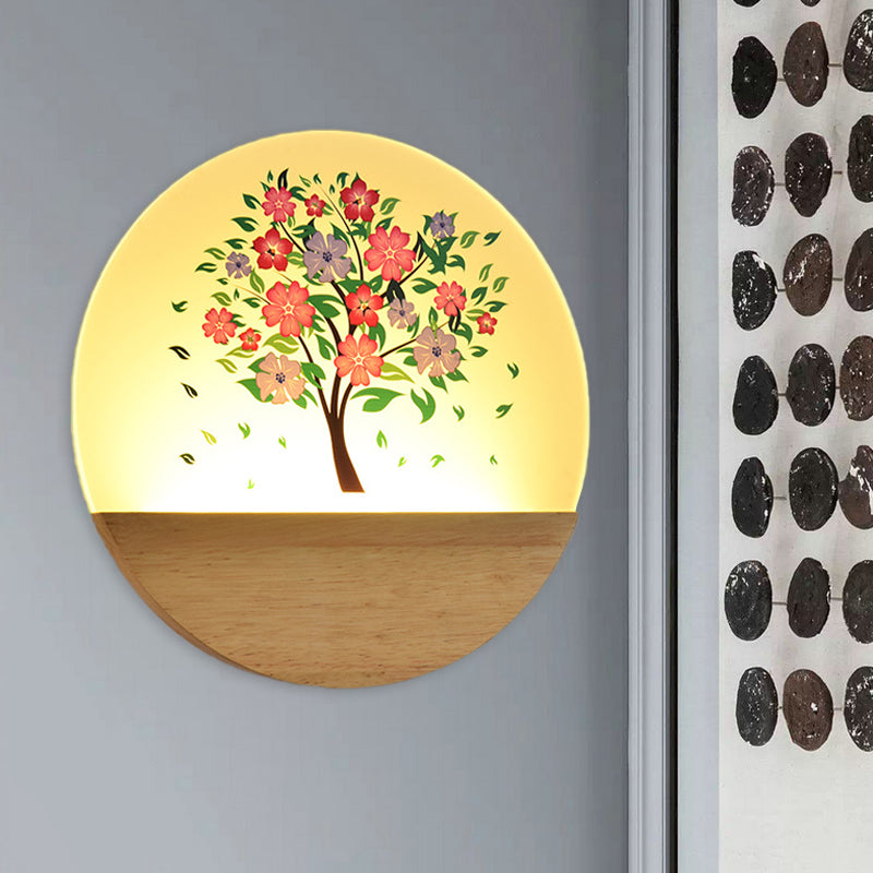 Nordic Style Round Tree Mural Lamp Acrylic LED Guest Room Wall Mounted Light Fixture in Wood Wood B Clearhalo 'Wall Lamps & Sconces' 'Wall Lights' Lighting' 1192711