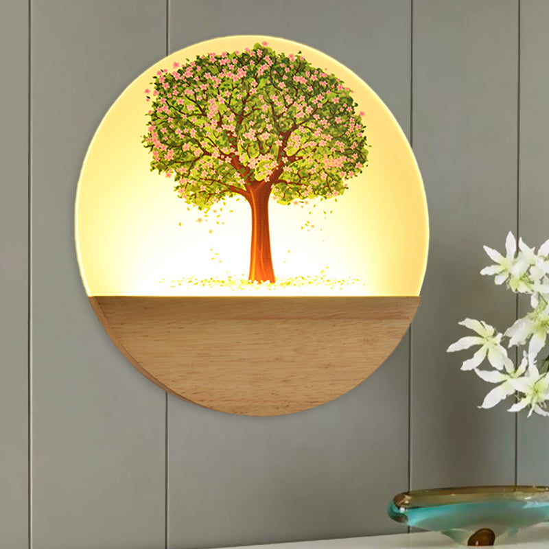 Nordic Style Round Tree Mural Lamp Acrylic LED Guest Room Wall Mounted Light Fixture in Wood Wood A Clearhalo 'Wall Lamps & Sconces' 'Wall Lights' Lighting' 1192715