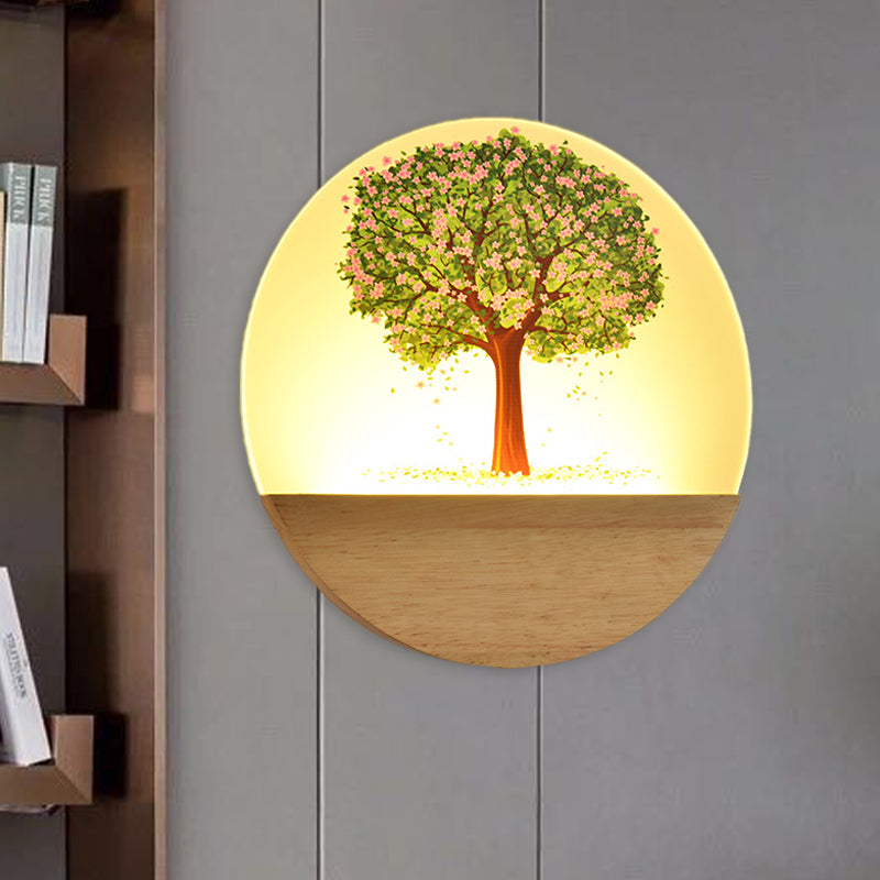 Nordic Style Round Tree Mural Lamp Acrylic LED Guest Room Wall Mounted Light Fixture in Wood Clearhalo 'Wall Lamps & Sconces' 'Wall Lights' Lighting' 1192716