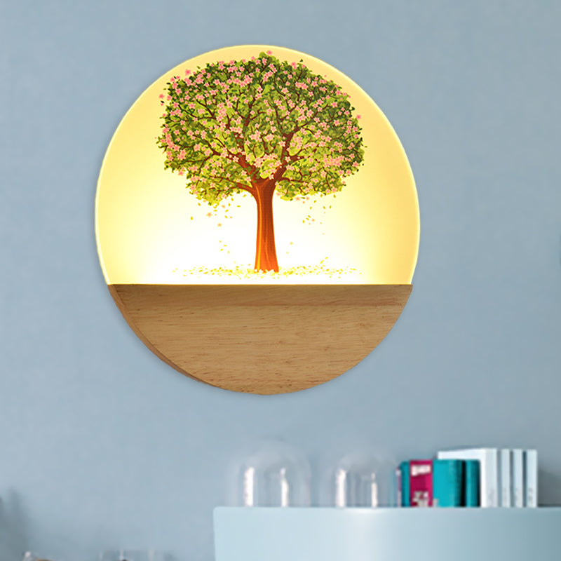 Nordic Style Round Tree Mural Lamp Acrylic LED Guest Room Wall Mounted Light Fixture in Wood Clearhalo 'Wall Lamps & Sconces' 'Wall Lights' Lighting' 1192717