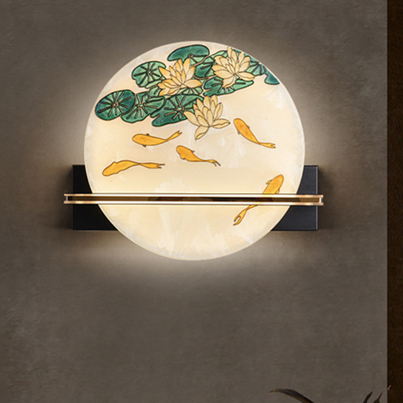 Black Rounded Wall Mural Lamp Oriental Style LED Acrylic Wall Mounted Light with Elk Deer/Fish Pattern Black Fish Clearhalo 'Wall Lamps & Sconces' 'Wall Lights' Lighting' 1192724