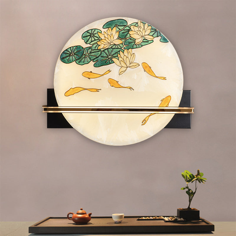 Black Rounded Wall Mural Lamp Oriental Style LED Acrylic Wall Mounted Light with Elk Deer/Fish Pattern Clearhalo 'Wall Lamps & Sconces' 'Wall Lights' Lighting' 1192725