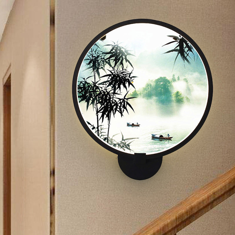 Asia Style Rounded Natural Scenery Mural Light Acrylic LED Living Room Wall Mounted Light in Black Black A Clearhalo 'Wall Lamps & Sconces' 'Wall Lights' Lighting' 1192733