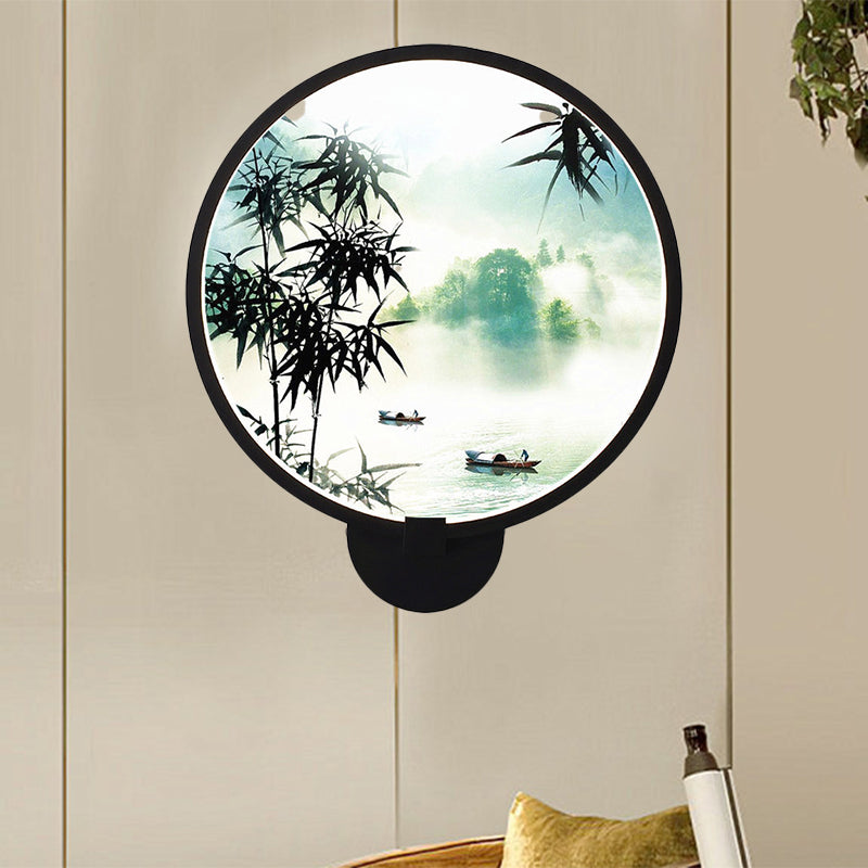 Asia Style Rounded Natural Scenery Mural Light Acrylic LED Living Room Wall Mounted Light in Black Clearhalo 'Wall Lamps & Sconces' 'Wall Lights' Lighting' 1192734