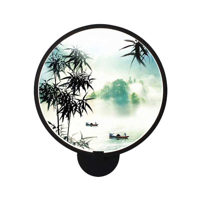 Asia Style Rounded Natural Scenery Mural Light Acrylic LED Living Room Wall Mounted Light in Black Clearhalo 'Wall Lamps & Sconces' 'Wall Lights' Lighting' 1192735