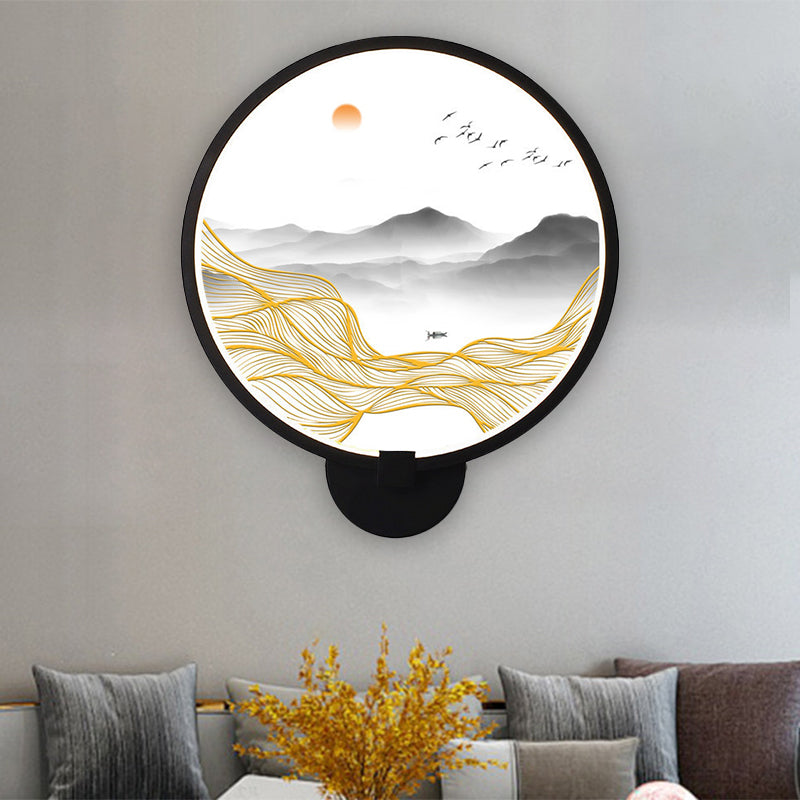 Asia Style Rounded Natural Scenery Mural Light Acrylic LED Living Room Wall Mounted Light in Black Black C Clearhalo 'Wall Lamps & Sconces' 'Wall Lights' Lighting' 1192742