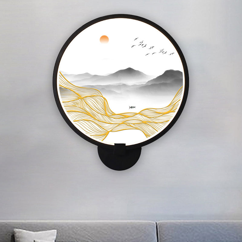 Asia Style Rounded Natural Scenery Mural Light Acrylic LED Living Room Wall Mounted Light in Black Clearhalo 'Wall Lamps & Sconces' 'Wall Lights' Lighting' 1192743