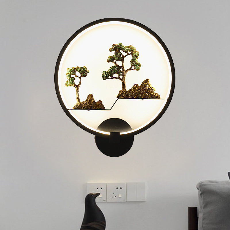 Asia Style Rounded Natural Scenery Mural Light Acrylic LED Living Room Wall Mounted Light in Black Clearhalo 'Wall Lamps & Sconces' 'Wall Lights' Lighting' 1192748