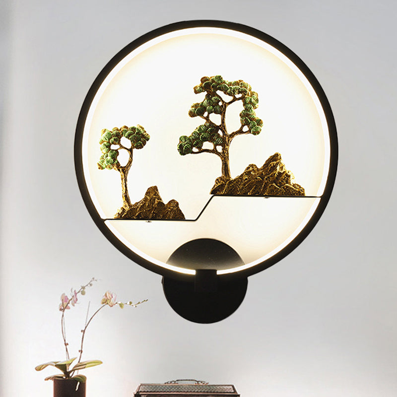 Asia Style Rounded Natural Scenery Mural Light Acrylic LED Living Room Wall Mounted Light in Black Clearhalo 'Wall Lamps & Sconces' 'Wall Lights' Lighting' 1192749