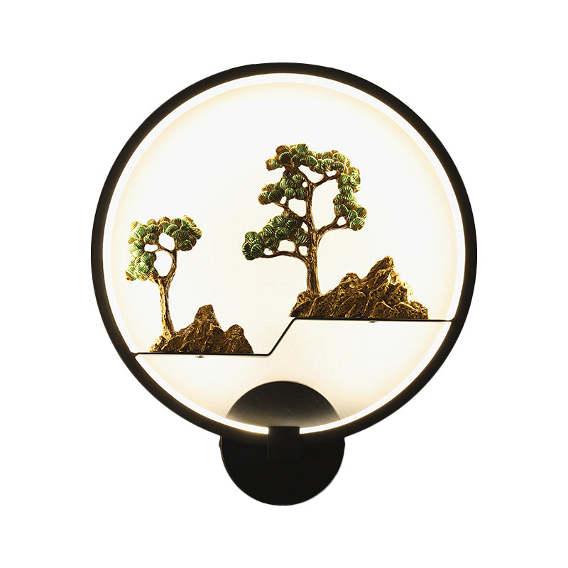 Asia Style Rounded Natural Scenery Mural Light Acrylic LED Living Room Wall Mounted Light in Black Clearhalo 'Wall Lamps & Sconces' 'Wall Lights' Lighting' 1192750