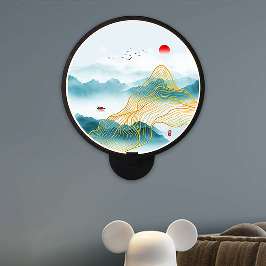 Circular Natural View Wall Lamp Chinese Metal LED Black Wall Mural Light for Bedroom Clearhalo 'Wall Lamps & Sconces' 'Wall Lights' Lighting' 1192757