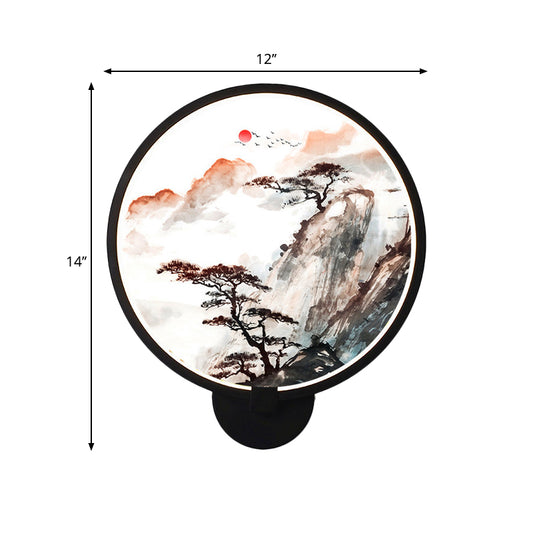 LED Hallway Wall Lighting Fixture Chinese Black Pine Tree and Mountain Mural Light with Round Acrylic Shade Clearhalo 'Wall Lamps & Sconces' 'Wall Lights' Lighting' 1192769