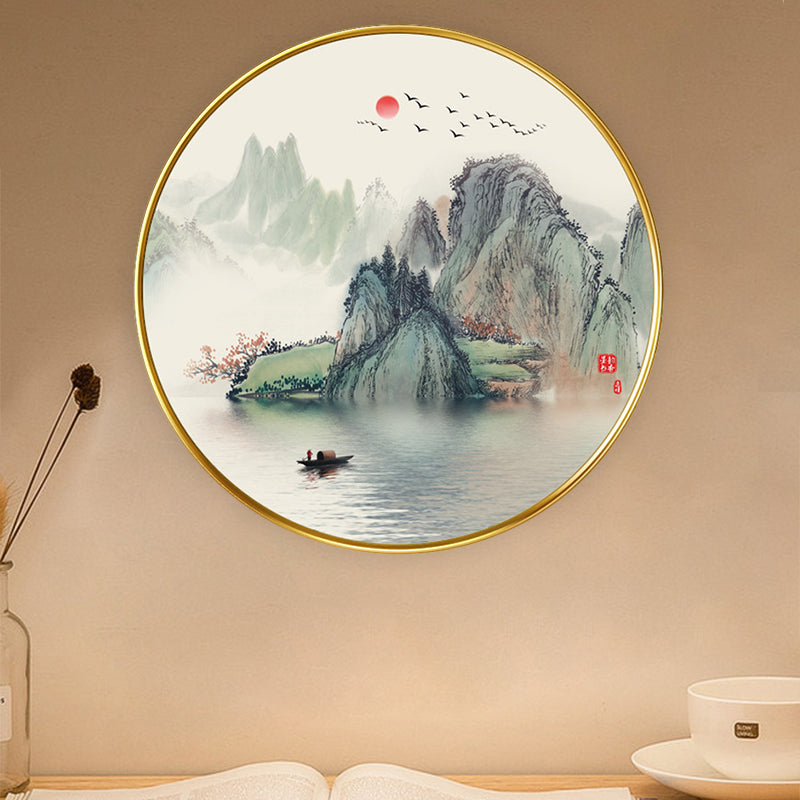 Asia Circular Acrylic Wall Mount Lamp LED Wall Mural Light in Gold with Lake and Mountain Pattern Gold Clearhalo 'Wall Lamps & Sconces' 'Wall Lights' Lighting' 1192910