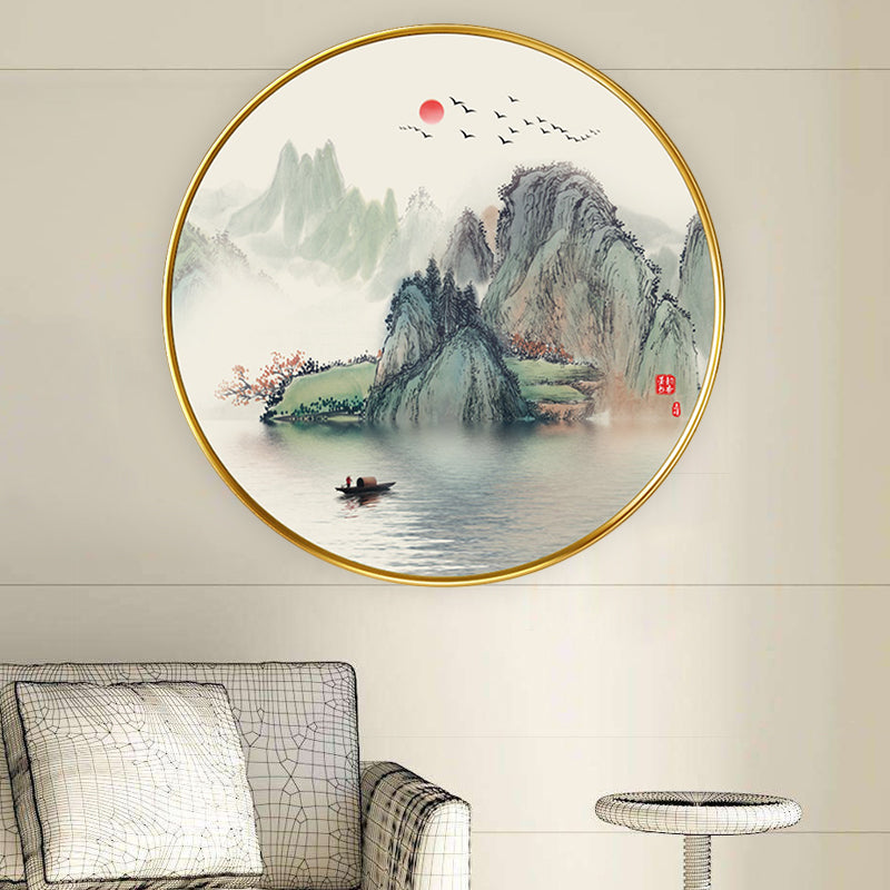 Asia Circular Acrylic Wall Mount Lamp LED Wall Mural Light in Gold with Lake and Mountain Pattern Clearhalo 'Wall Lamps & Sconces' 'Wall Lights' Lighting' 1192911