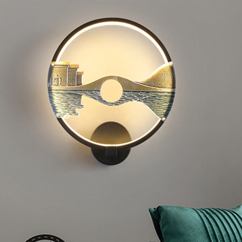 Black/White Round Bridge Wall Mural Light Oriental Style LED Acrylic Wall Mount Light Fixture Black Clearhalo 'Wall Lamps & Sconces' 'Wall Lights' Lighting' 1192938