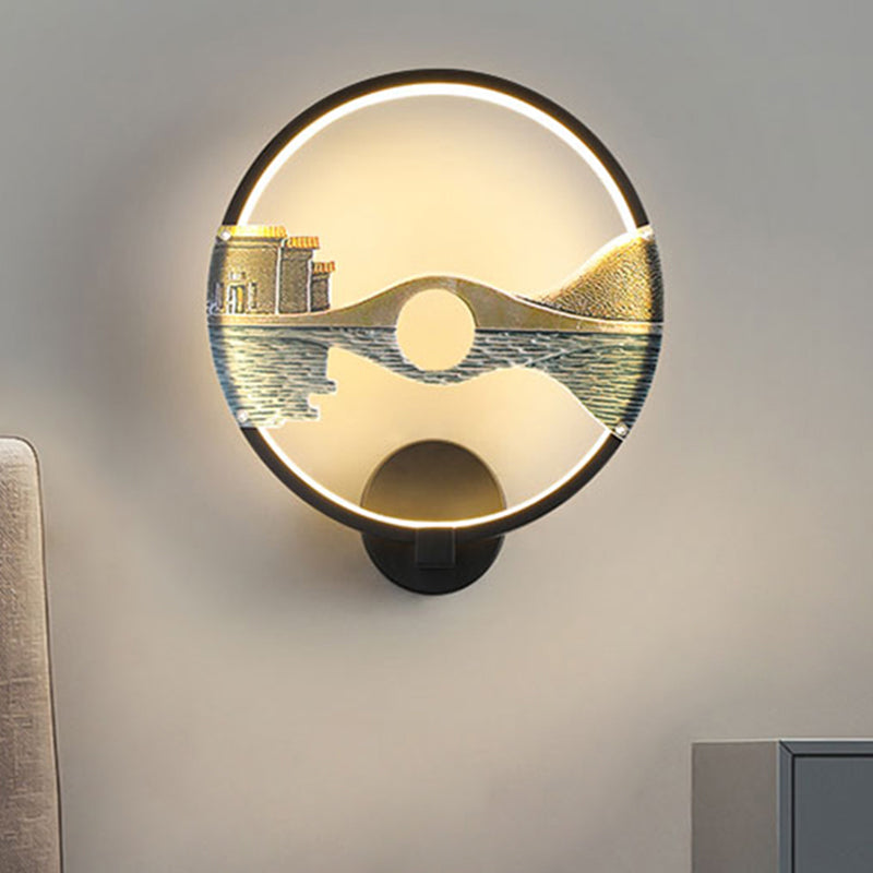 Black/White Round Bridge Wall Mural Light Oriental Style LED Acrylic Wall Mount Light Fixture Clearhalo 'Wall Lamps & Sconces' 'Wall Lights' Lighting' 1192939