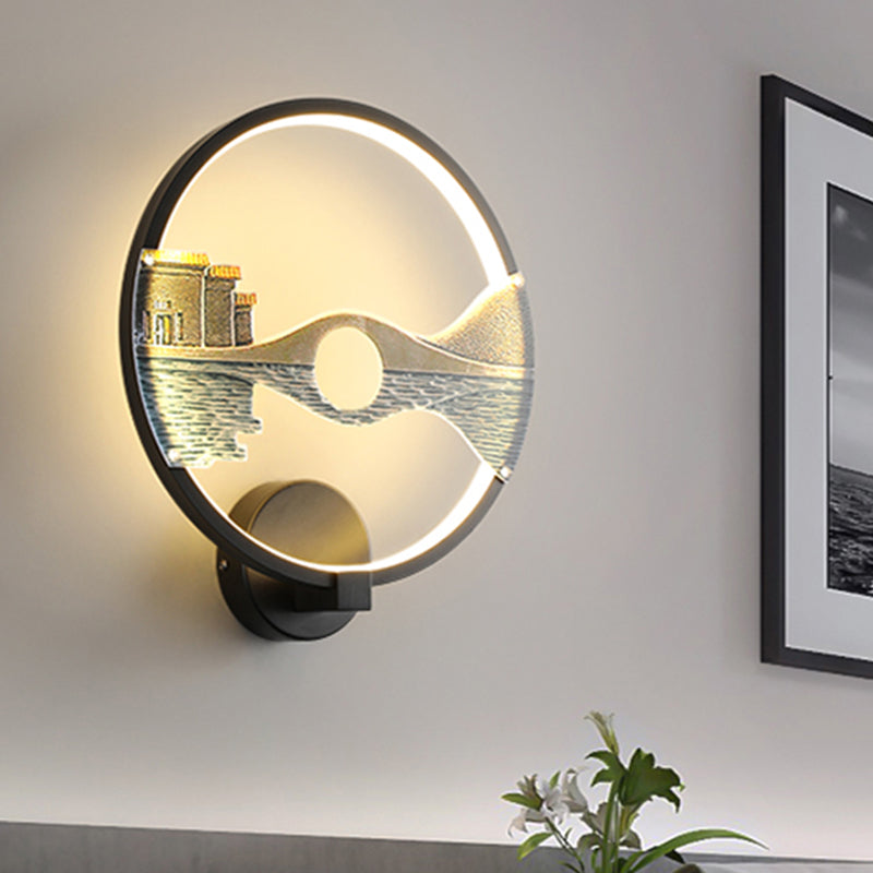 Black/White Round Bridge Wall Mural Light Oriental Style LED Acrylic Wall Mount Light Fixture Clearhalo 'Wall Lamps & Sconces' 'Wall Lights' Lighting' 1192940