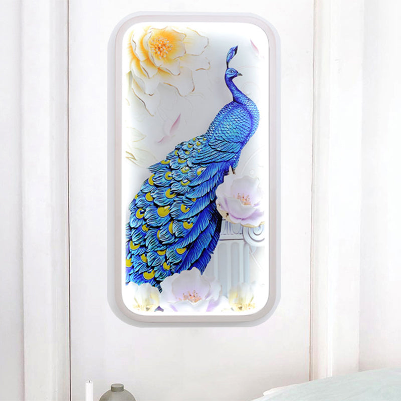 Oriental Rectangle Acrylic Peacock Mural Light LED Wall Mount Light Fixture in White White Clearhalo 'Wall Lamps & Sconces' 'Wall Lights' Lighting' 1193001