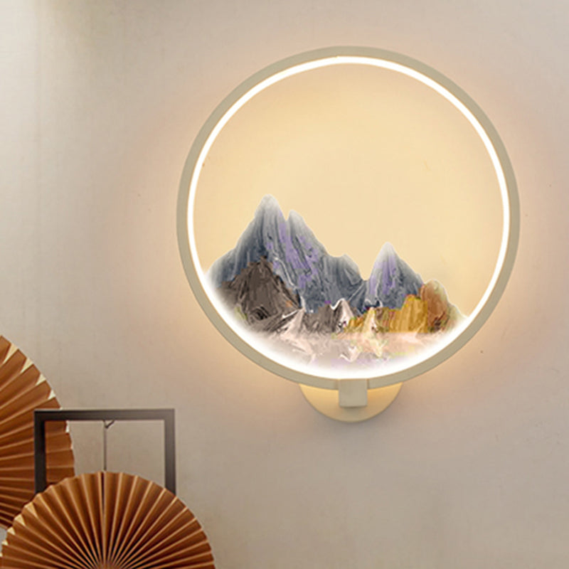 LED Hallway Wall Mural Lamp Chinese Style Black/White Mountain Patterned Wall Lighting Idea with Circular Metal Shade White A Clearhalo 'Wall Lamps & Sconces' 'Wall Lights' Lighting' 1193009