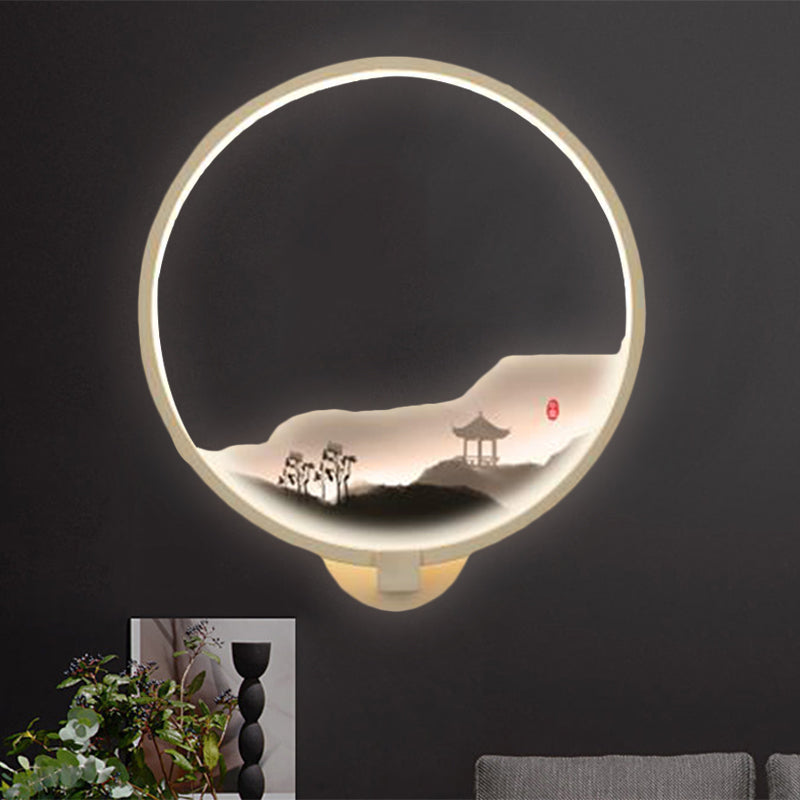 LED Hallway Wall Mural Lamp Chinese Style Black/White Mountain Patterned Wall Lighting Idea with Circular Metal Shade Clearhalo 'Wall Lamps & Sconces' 'Wall Lights' Lighting' 1193020