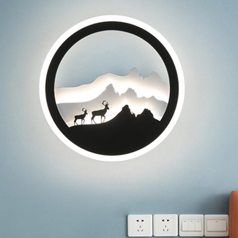 Acrylic Round Deer and Mountain Wall Light Chinese Style LED Black and White Wall Mural Lamp Black-White Clearhalo 'Wall Lamps & Sconces' 'Wall Lights' Lighting' 1193022