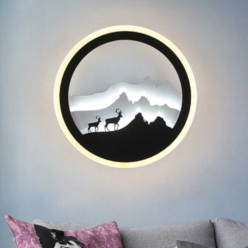 Acrylic Round Deer and Mountain Wall Light Chinese Style LED Black and White Wall Mural Lamp Clearhalo 'Wall Lamps & Sconces' 'Wall Lights' Lighting' 1193023