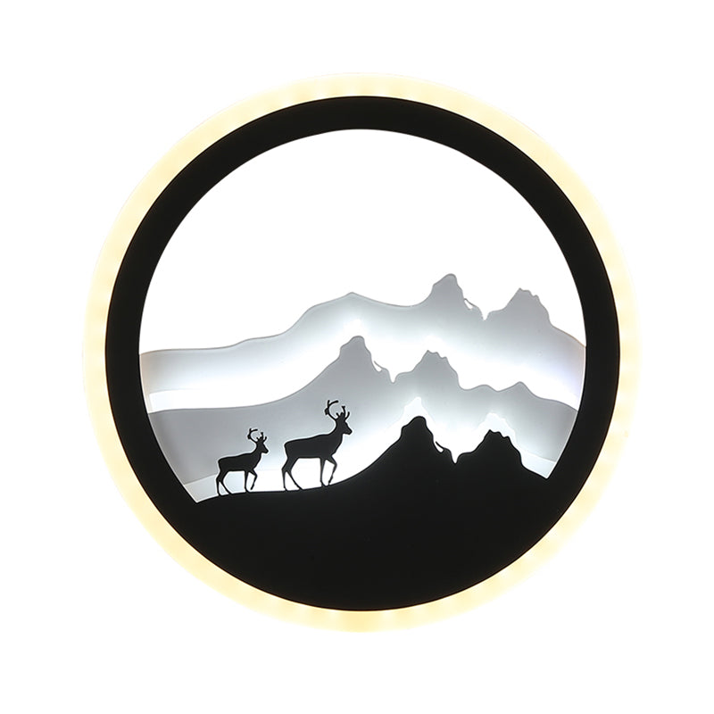 Acrylic Round Deer and Mountain Wall Light Chinese Style LED Black and White Wall Mural Lamp Clearhalo 'Wall Lamps & Sconces' 'Wall Lights' Lighting' 1193024