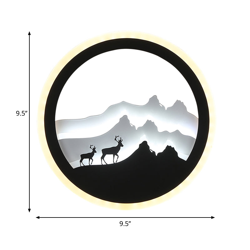 Acrylic Round Deer and Mountain Wall Light Chinese Style LED Black and White Wall Mural Lamp Clearhalo 'Wall Lamps & Sconces' 'Wall Lights' Lighting' 1193025