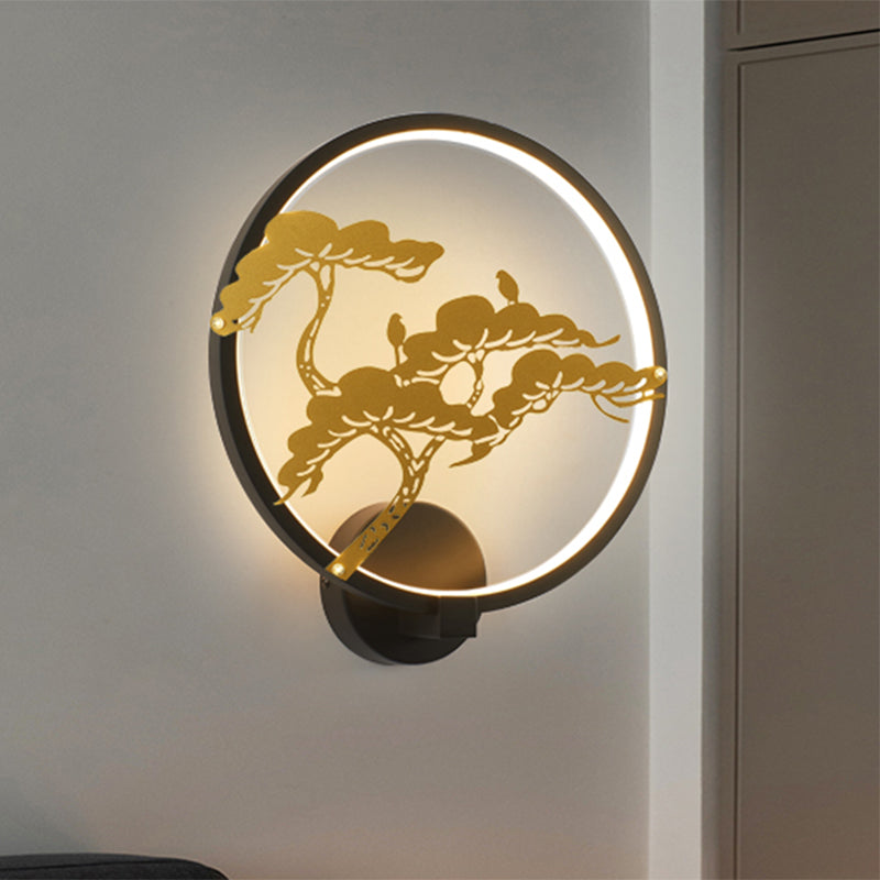 Chinese Style LED Wall Mural Lamp Metal Black/White Circular Pine Tree Patterned Wall Lighting Black Clearhalo 'Wall Lamps & Sconces' 'Wall Lights' Lighting' 1193030