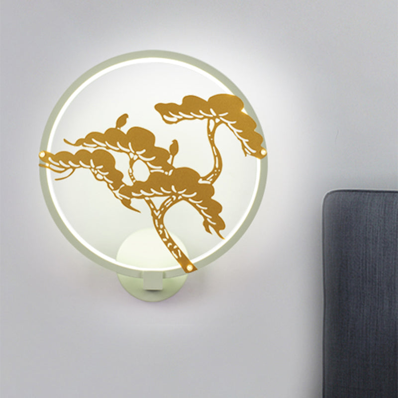 Chinese Style LED Wall Mural Lamp Metal Black/White Circular Pine Tree Patterned Wall Lighting White Clearhalo 'Wall Lamps & Sconces' 'Wall Lights' Lighting' 1193034