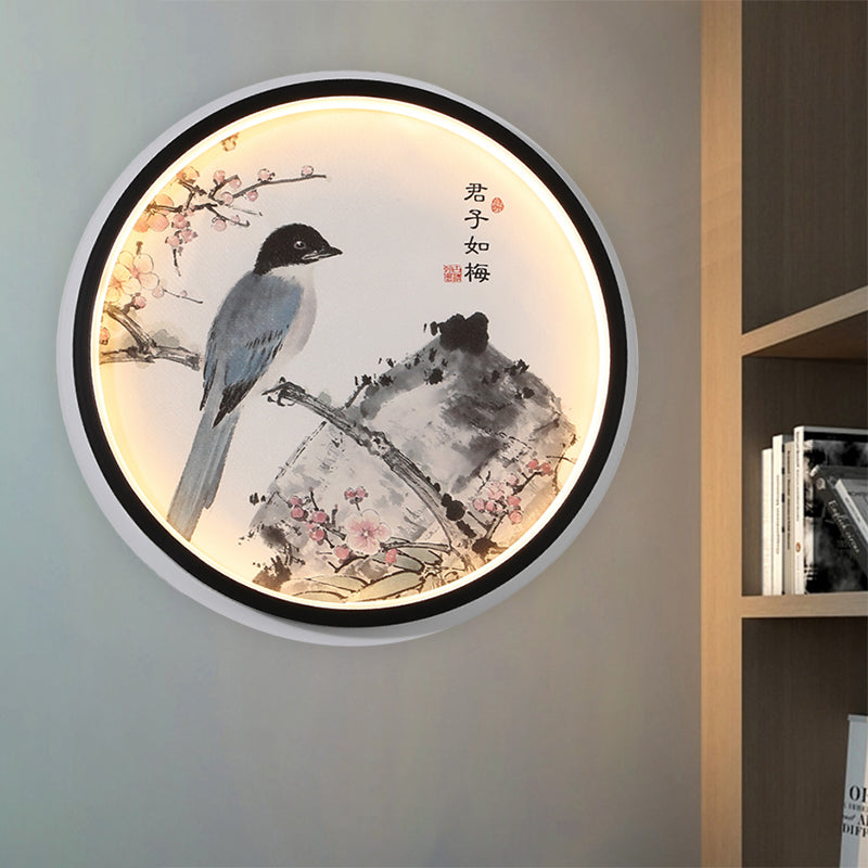 Oriental Style Circular Metallic Mural Lamp LED Wall Mounted Light in Black with Blossom/Bird Pattern Black C Clearhalo 'Wall Lamps & Sconces' 'Wall Lights' Lighting' 1193042