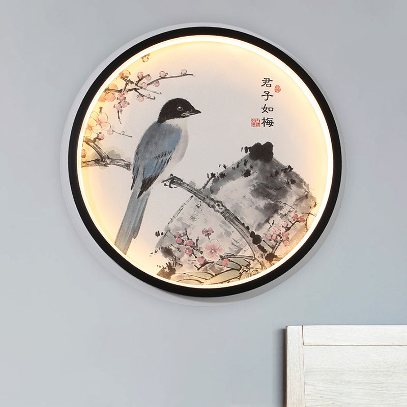 Oriental Style Circular Metallic Mural Lamp LED Wall Mounted Light in Black with Blossom/Bird Pattern Clearhalo 'Wall Lamps & Sconces' 'Wall Lights' Lighting' 1193043