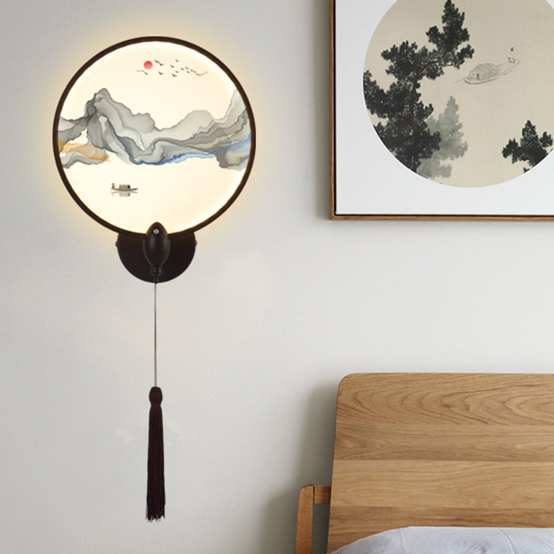 LED Bedroom Wall Mural Light Chinese Style Black Mountain Wall Lighting Fixture with Circular Acrylic Shade Black A Clearhalo 'Wall Lamps & Sconces' 'Wall Lights' Lighting' 1193047