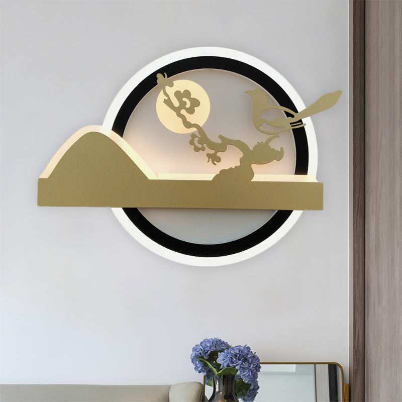 Gold Rounded Wall Mounted Light Fixture Oriental Style LED Acrylic Wall Mural Light with Bird Pattern Gold B Clearhalo 'Wall Lamps & Sconces' 'Wall Lights' Lighting' 1193081