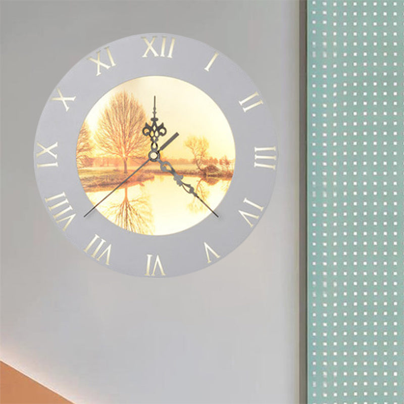 Orange/Yellow Rounded Clock Mural Light Nordic Style LED Plastic Wall Mount Light Fixture for Living Room Clearhalo 'Wall Lamps & Sconces' 'Wall Lights' Lighting' 1193090