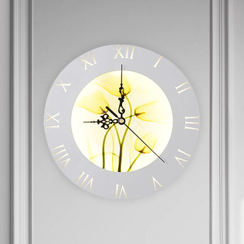 Orange/Yellow Rounded Clock Mural Light Nordic Style LED Plastic Wall Mount Light Fixture for Living Room Clearhalo 'Wall Lamps & Sconces' 'Wall Lights' Lighting' 1193094