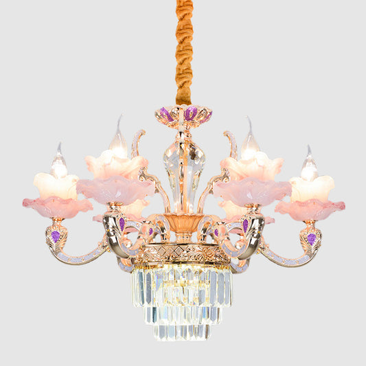 6 Lights 2-Layer Ruffle Chandelier Contemporary Pink Glass Pendant Lamp with Tiered Crystal Bottom Clearhalo 'Ceiling Lights' 'Chandeliers' Lighting' options 1193128