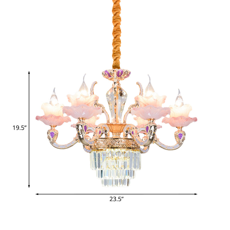 6 Lights 2-Layer Ruffle Chandelier Contemporary Pink Glass Pendant Lamp with Tiered Crystal Bottom Clearhalo 'Ceiling Lights' 'Chandeliers' Lighting' options 1193129