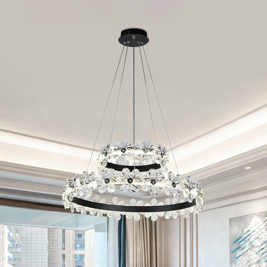 Black 1/2-Tier Hoop Hanging Light Kit Minimalistic Crystal Flower Living Room LED Chandelier Lighting Clearhalo 'Ceiling Lights' 'Chandeliers' 'Modern Chandeliers' 'Modern' Lighting' 1193143