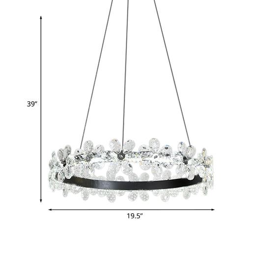 Black 1/2-Tier Hoop Hanging Light Kit Minimalistic Crystal Flower Living Room LED Chandelier Lighting Clearhalo 'Ceiling Lights' 'Chandeliers' 'Modern Chandeliers' 'Modern' Lighting' 1193150