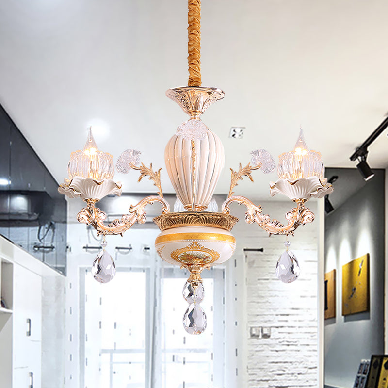 3 Bulbs Ceiling Chandelier Postmodern Flower Buds Crystal Hanging Light with Ceramic Accent, Gold Clearhalo 'Ceiling Lights' 'Chandeliers' Lighting' options 1193172