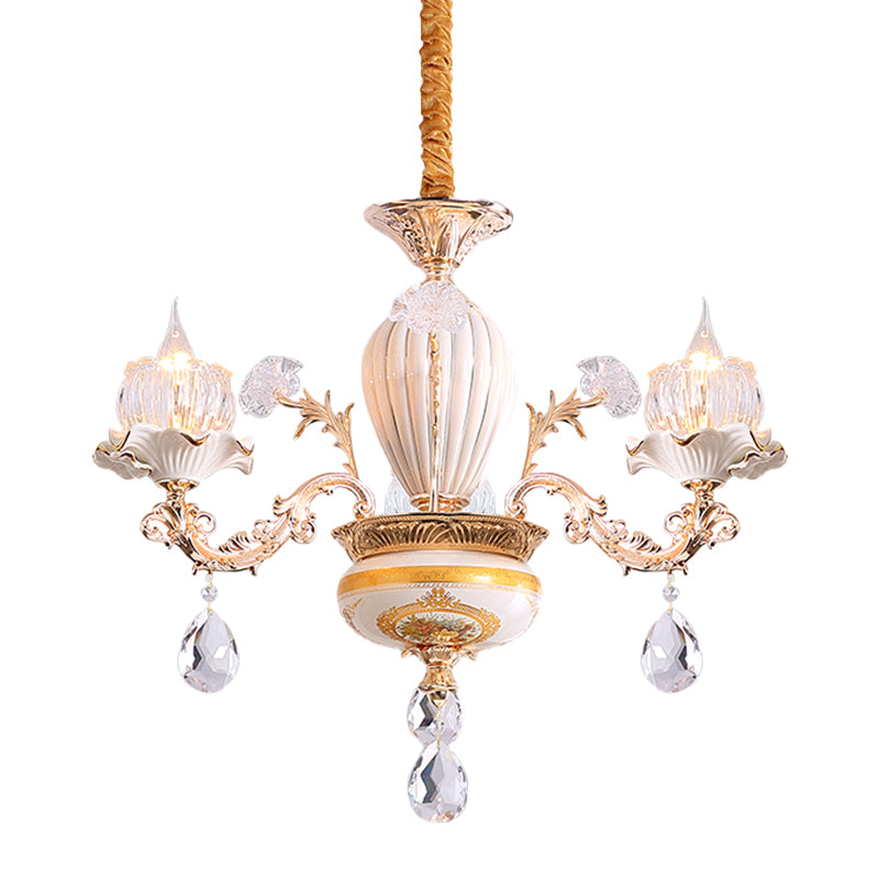 3 Bulbs Ceiling Chandelier Postmodern Flower Buds Crystal Hanging Light with Ceramic Accent, Gold Clearhalo 'Ceiling Lights' 'Chandeliers' Lighting' options 1193173